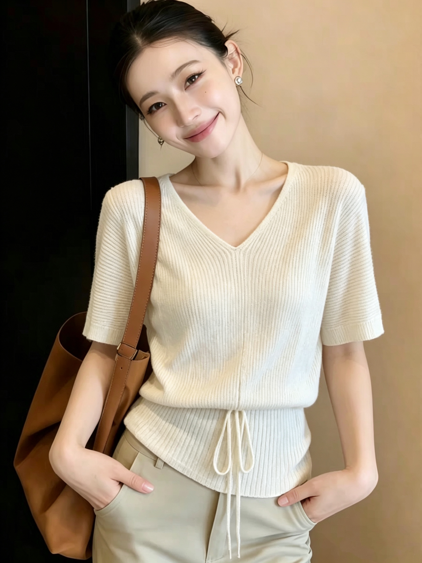 재고 있음 2026 여름 새로운 품격 프랑스식 V넥 홀로우 아웃 반팔 얼음 실크 니트 스웨터 허리 수축 맨위