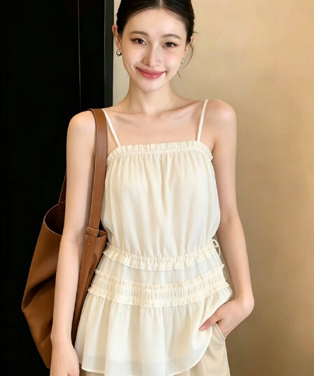 재고 있음 2026 여름 새로운 3 차원 주름 프릴 슬립 드레스 부드러운 도루 센스 마이크로 a 드레스