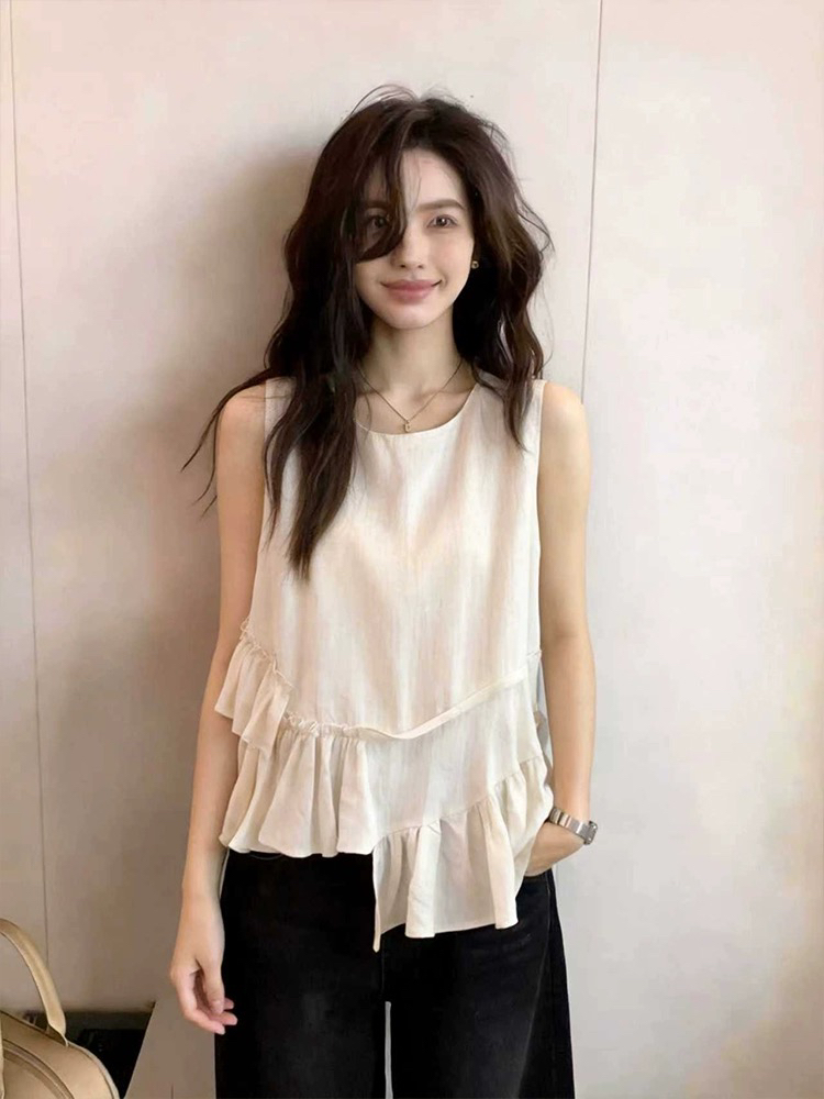 재고 있음 2026 여름 새로운 불규칙 프릴 패치워크 민소매 여성 셔츠