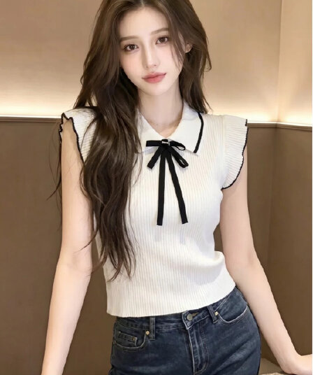 재고 있음 2026 여름 새로운 프랑스식 연령 감소 Feifei 소매 몸매 가꾸기 니트 맨위