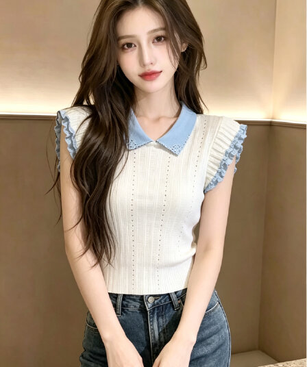 재고 있음 2026 여름 새로운 배색 POLO 칼라 반팔 니트 스웨터 맨위