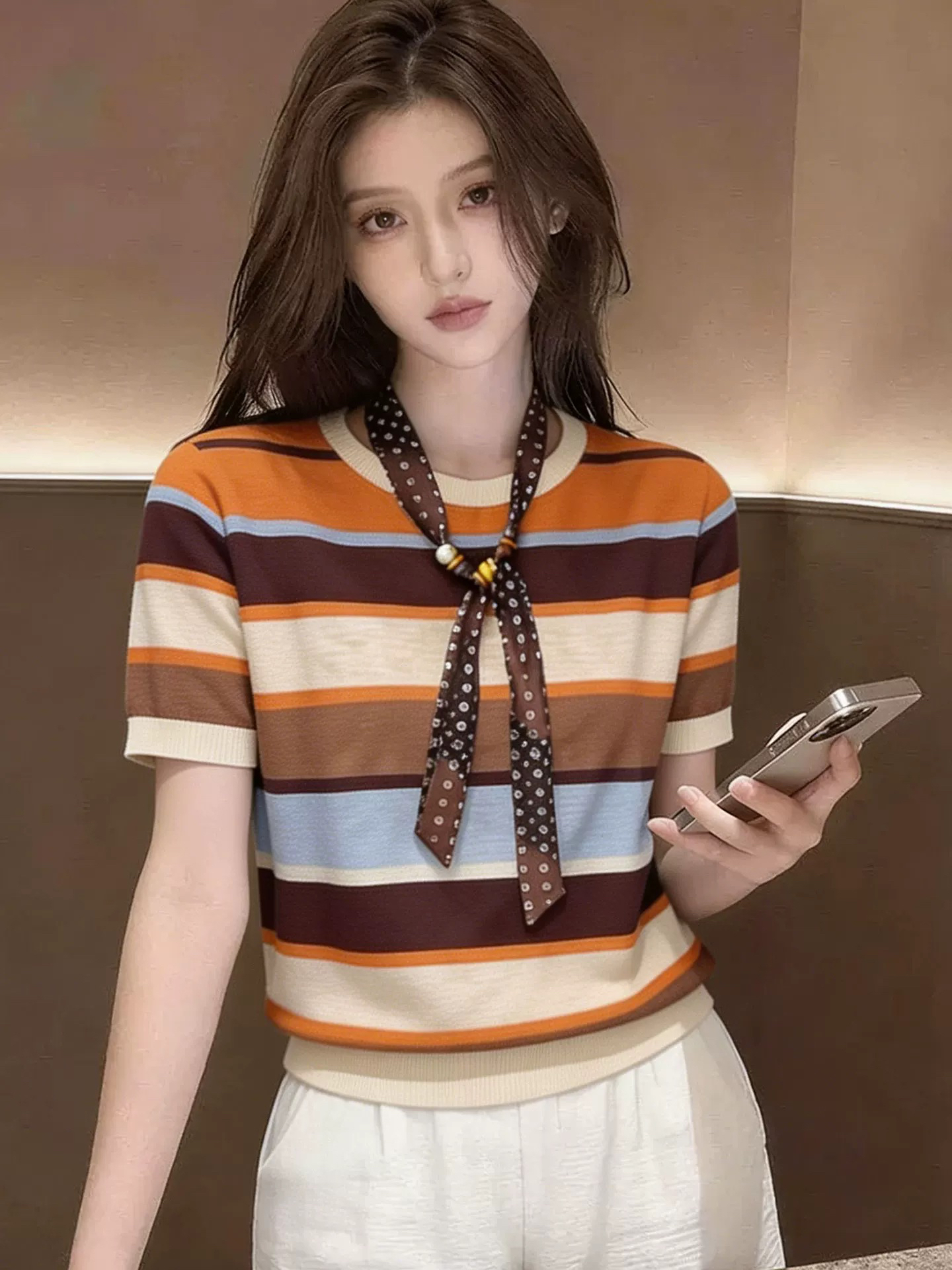 재고 있음 2026 여름 새로운 색상 스트라이프 패치워크 라운드 넥 니트 스웨터 여성