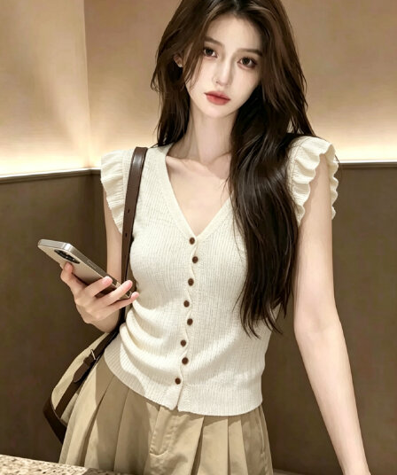 재고 있음 2026 여름 새로운 루즈핏 V넥 Feifei 소매 세련된 단추 니트 V넥 오픈 가디건 차가운 센스 니트