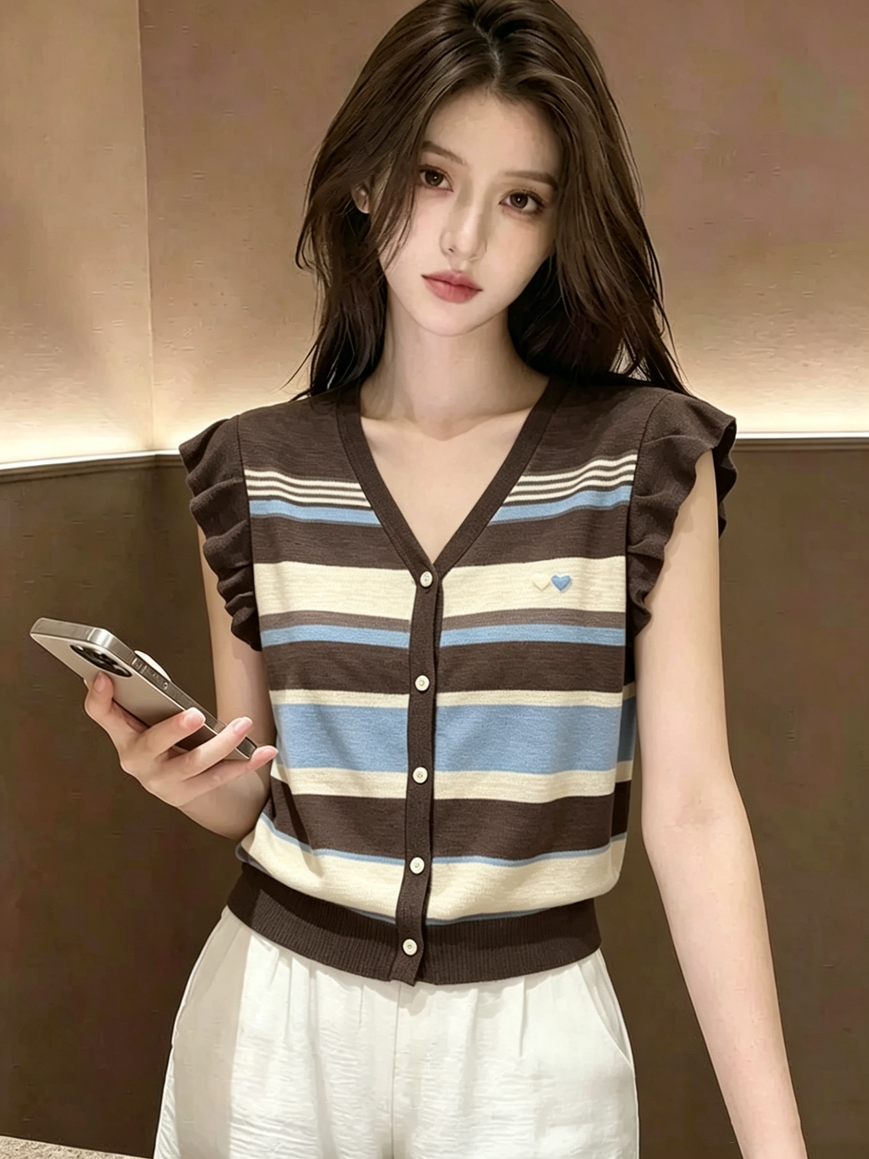 재고 있음 2026 여름 새로운 하트 자수 Feifei 소매 스트라이프 얼음 실크 니트 오픈 가디건 여성
