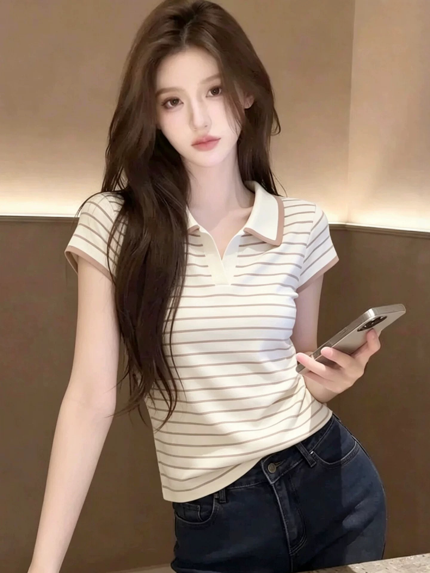 재고 있음 2026 여름 새로운 디자인 센스 스트라이프 POLO 칼라 니트 반팔 얇은 스타일 니트 스웨터 맨위