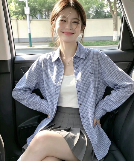 2026 새로운 가을 파란색 격자 무늬 셔츠 자수 긴팔 맨위