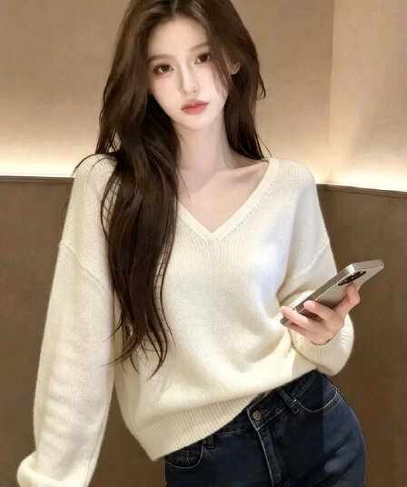 2026 가을 V넥 긴팔 니트 스웨터 여성 루즈핏 느긋한 맨위