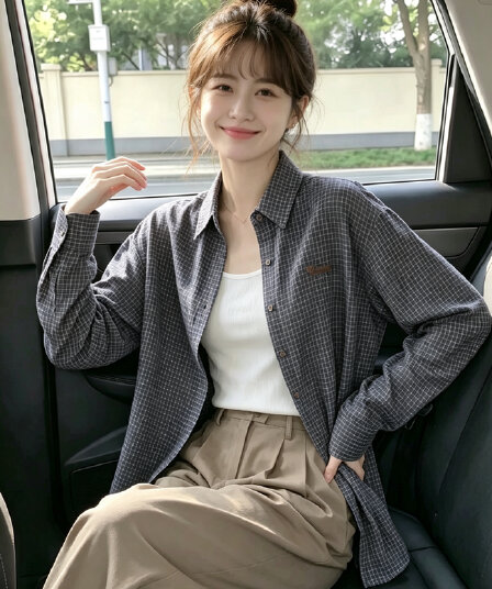 2026 가을 체크무늬 긴팔 여성 셔츠 루즈핏 다용도 맨위