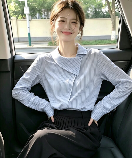 2026 가을 긴팔 셔츠 비스듬한 칼라 불규칙 폴로 칼라 세로 줄무늬 셔츠 맨위