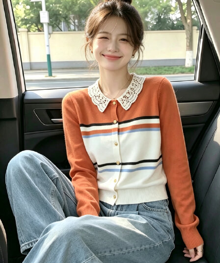 2026 가을 새로운 레이스 폴로 칼라 배색 스트라이프 니트 반팔 티셔츠 맨위