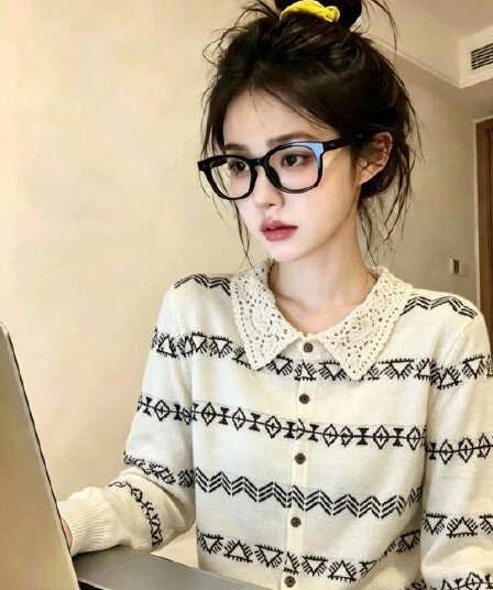 2026 가을 새로운 레트로 자카드 베이비 칼라 긴팔 니트 스웨터 캐주얼 바람 다용도 맨위