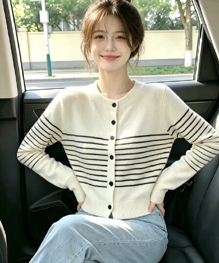 2026 가을 스트라이프 긴팔 니트 스웨터 오픈 가디건 맨위