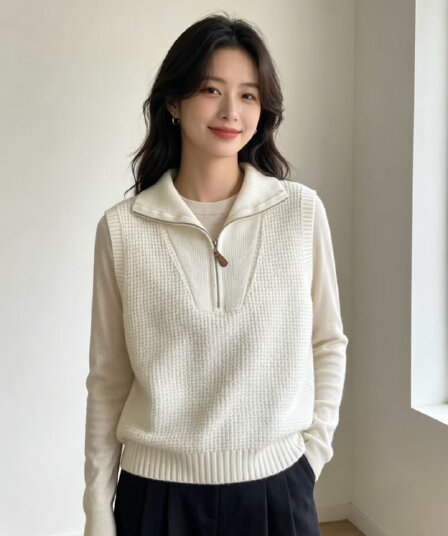 2026 가을 새로운 지퍼 폴로 칼라 니트 민소매 조끼 느긋한 바람 홀로우 아웃 맨위
