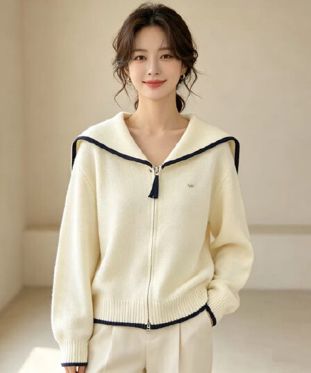 2026 가을 해군 베이비 칼라 패치워크 색상 루즈핏 슬림해 보이는 보온 부드러운 찹쌀 당겨서 달구다 오픈 가디건 스웨터 여자 재킷