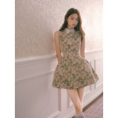 批发玫瑰油画衬衫领无袖<b class='q'>连衣裙</b>女春夏千金风蓬蓬修身收腰背心裙