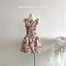 批发油画少女连衣裙千金风衬衫领印花无袖掐腰裙生日裙<b class='q'>公主裙</b>