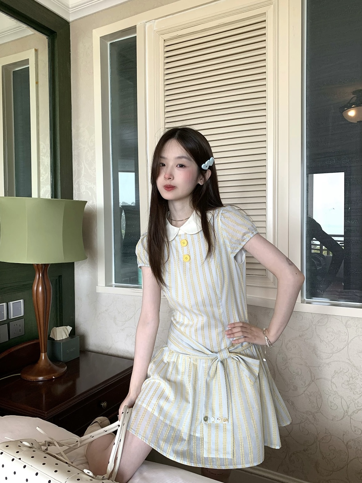 mucha 나무 차 박하 초안 프랑스식 달콤한 스타일 스트라이프 롱 스커트 여성 베이비 칼라 허리 수축 쇼트 스타일 드레스