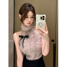 **实价**~实拍毛毛拼接蝴蝶结挂脖吊带背心打底衫辣妹上衣女