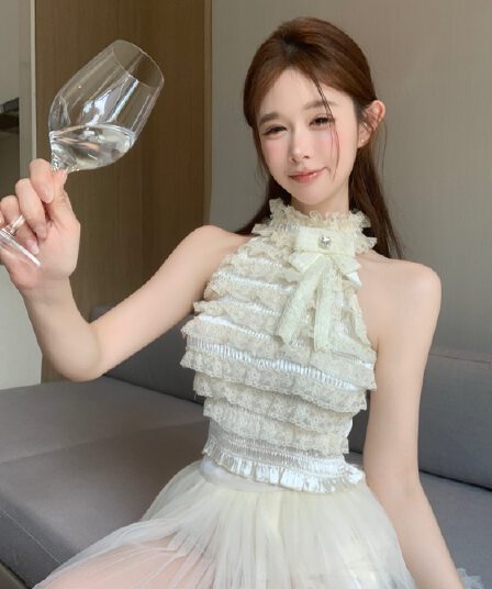 정가 실사 나비 매듭 레이스 레이스 조끼 기본 셔츠 핫걸 맨위 여성