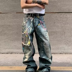 批发美式复古<b class='q'>糖果</b>链条3D印花牛仔裤男女2025夏季度假穿搭新款直筒裤子