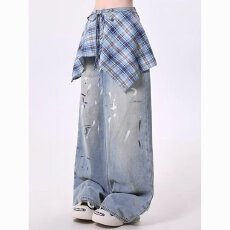 批发美式高街脏染泼墨牛仔裤男<b class='q'>嘻哈</b>街头hiphop直筒阔腿弯刀裤