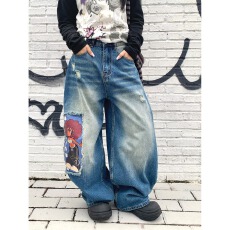 批发高货25ac新款3D贴布阔腿牛仔裤休闲裤男女同款潮直筒洗旧款