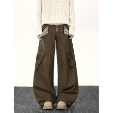 棕色美式工装裤女牛仔裤宽松直筒多口袋高腰阔腿裤欧美裤子秋冬