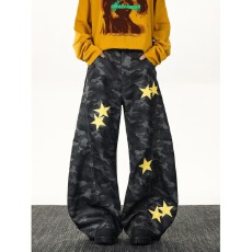 实拍百搭简约新款时尚文艺流行气质ins潮流弯刀迷彩牛仔裤日系