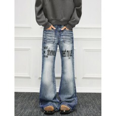 实拍美式字母印花牛仔裤男秋季复古水洗做旧微喇长裤高街百搭宽松