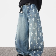 实拍美式复古时尚阔腿拼接牛仔裤十字架男2025秋季新款宽松垂感