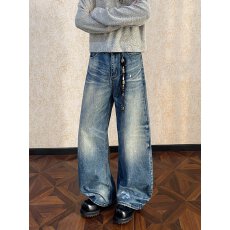 批发实拍美式复古时尚阔腿拼接牛仔裤十字架男2025秋季新款宽松垂感