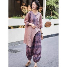 批发品质<b class='q'>印花</b>不规则文艺复古上衣宽松亚麻<b class='q'>小脚裤</b>休闲两件套装女夏