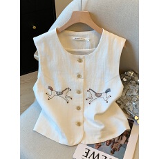 批发<b class='q'>品牌</b><b class='q'>折扣</b>老钱风刺绣亚麻无袖背心女夏季百搭气质短款坎肩马甲上衣