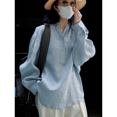 批发日系文艺亚麻衬衫女宽松长袖棉麻衬衣<b class='q'>防晒</b>度假风休闲上衣女