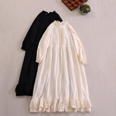 批发2026春季纯棉<b class='q'>长袖</b>花边木耳领打底连衣裙 日系森女长裙子