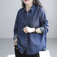 批发长袖牛仔衬衫女士2026春装复古设计感POLO领宽松<b class='q'>大码</b>别致衬衣