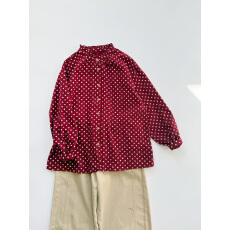 批发巨好看红色波点衬衫百搭厚实纯棉磨毛花边领衬衣宽松圆点上衣女