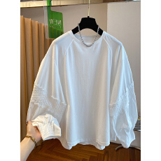 批发绝美蕾丝钩花拼接<b class='q'>衬衫</b>袖白色t恤女长袖2025新款宽松打底衫上衣潮