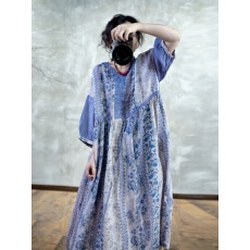 批发2025年夏季新款青花瓷苎麻v领气质清新印花<b class='q'>连衣裙</b>