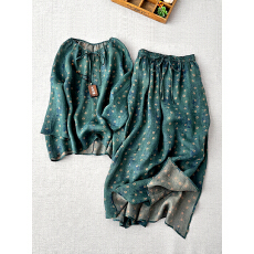 批发文艺女装苎麻印花衬衫<b class='q'>半身</b>裙套装春季舒适大摆a字<b class='q'>长裙</b>两件套