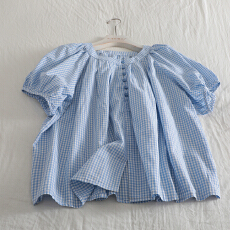 批发2026日系格子纯棉短袖衬衫女甜美减龄圆领套头宽松小衫