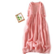 批发2026夏季苎麻刺绣森女日系文艺<b class='q'>宽松</b>中袖双层A字<b class='q'>连衣裙</b>长裙大摆裙