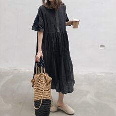 批发2026夏新女 日系大码复古学院风棉麻亚麻短袖<b class='q'>宽松</b><b class='q'>连衣裙</b>减龄