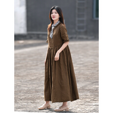 批发棉麻2026夏新款复古色织亚麻<b class='q'>宽松</b>木耳边v领<b class='q'>连衣裙</b>女原创