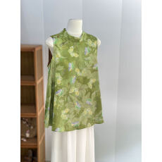 批发高级感夏季年轻版香云纱奥黛绿色中长新中式无袖旗袍背心马甲上衣