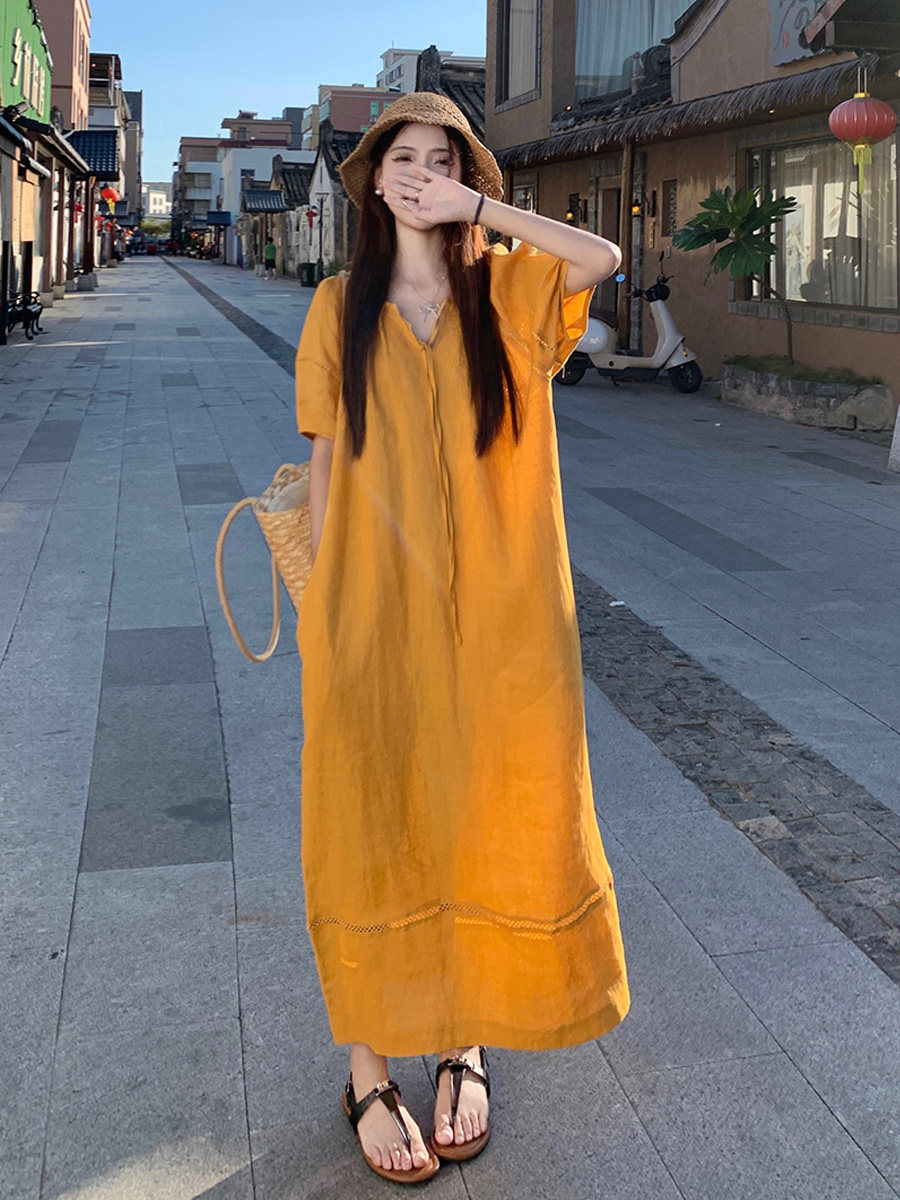 빅 사이즈 여성 의류 지방 mm 도파민 루즈핏 표지 고기 V넥 벌룬 소매 아마 드레스 연령 감소 슬림해 보이는 캐주얼 치마