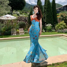 批发麓津自制《尼罗河帆船》蓝色网纱撞色蝴蝶兰显瘦少女复古<b class='q'>连衣裙</b>子