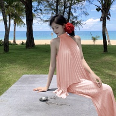 批发夏日绝美套装原野斯嘉丽法式度假风<b class='q'>雪纺</b>双色压褶飘带上衣+<b class='q'>裤</b>子