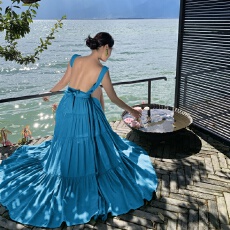 批发法式高级感绑带挂脖A字裙女夏性感露背度假长裙