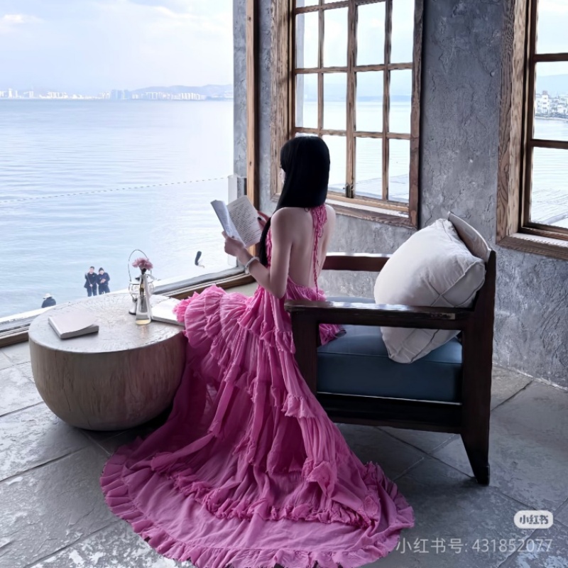 순수한 욕망 바람 행침 목 백리스 센 부서 요정 롱 스커트 여성 해변가 휴가 프릴 슬립 드레스